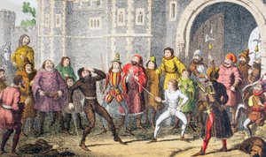 O mesmo Sir John, o mesmo. Eu o vi quebrar a cabeça de Skogan no portão da corte, quando ele era uma fenda não tão alta ”, 1890 de George Cruikshank